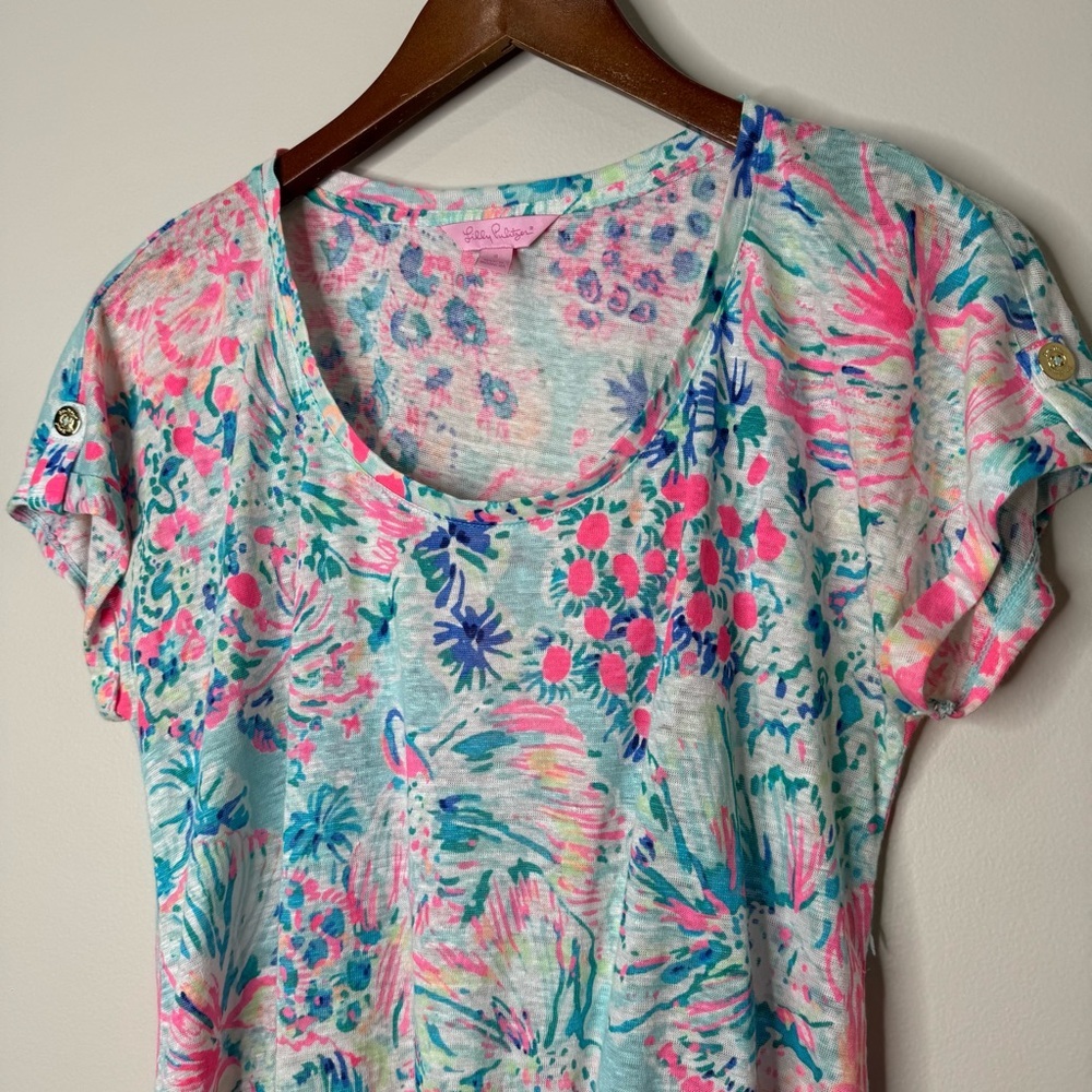 Lilly Pulitzer Inara 100% Linen Short Sleeve Top Floral Leaves Serene Blue Sz S - Picture 2 of 9
